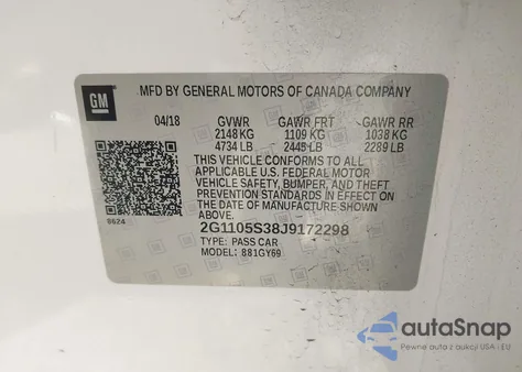 2018 Chevrolet Impala 1Lt z USA, uszkodzony, nr VIN 2G1105S38J9172298